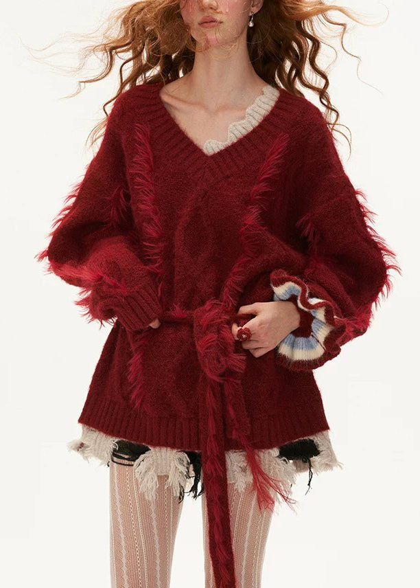 Stylish Red V Neck Tassel Knitted Sweaters Tops Spring Tn022