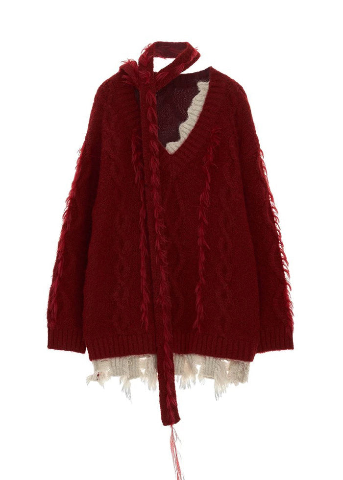 Stylish Red V Neck Tassel Knitted Sweaters Tops Spring Tn022