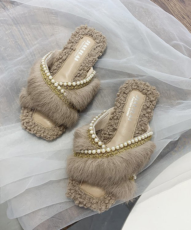 Stylish Splicing Fuzzy Fur Slippers Shoes Brown Nail Bead Wt010