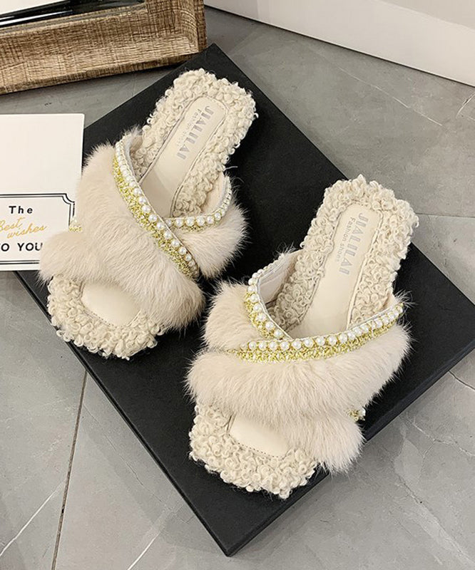 Stylish Splicing Fuzzy Fur Slippers Shoes Brown Nail Bead Wt010
