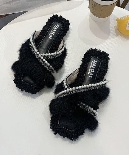 Stylish Splicing Fuzzy Fur Slippers Shoes Brown Nail Bead Wt010