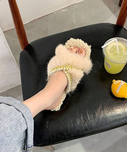 Stylish Splicing Fuzzy Fur Slippers Shoes Brown Nail Bead Wt010