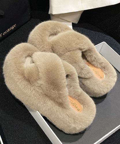 Stylish Splicing Platform Slippers Shoes Khaki Fuzzy Fur Om019