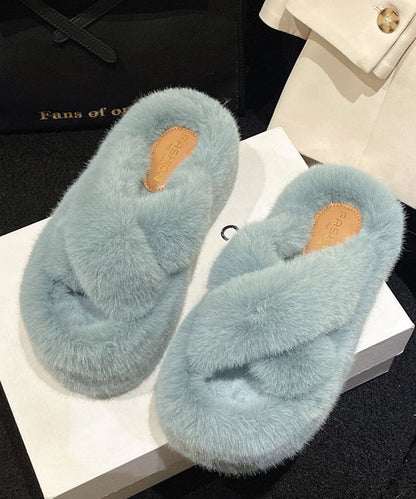 Stylish Splicing Platform Slippers Shoes Khaki Fuzzy Fur Om019