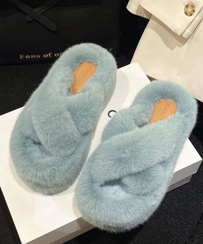 Stylish Splicing Platform Slippers Shoes Khaki Fuzzy Fur Om019