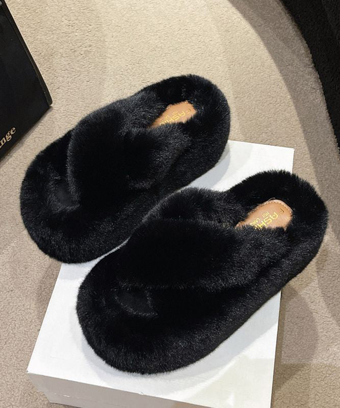 Stylish Splicing Platform Slippers Shoes Khaki Fuzzy Fur Om019