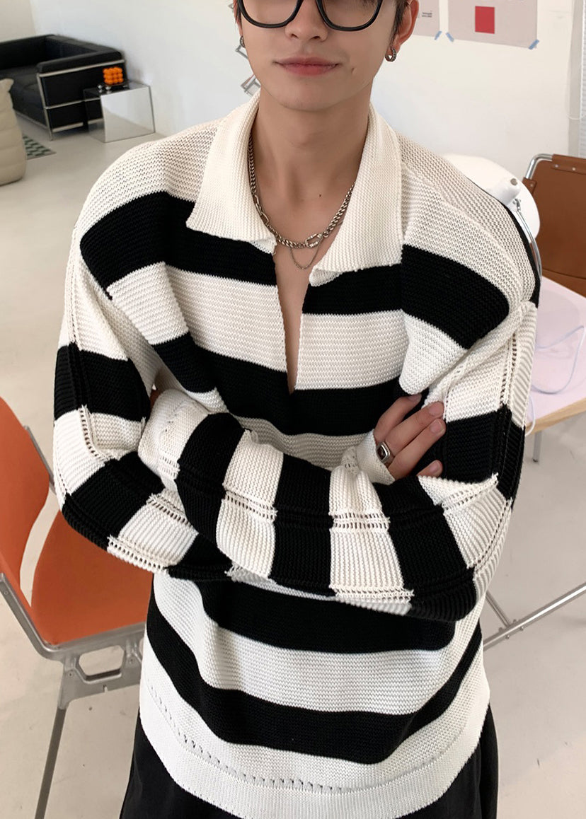 Stylish Striped Peter Pan Collar Hollow Out Knit Sweaters Fall Qf036