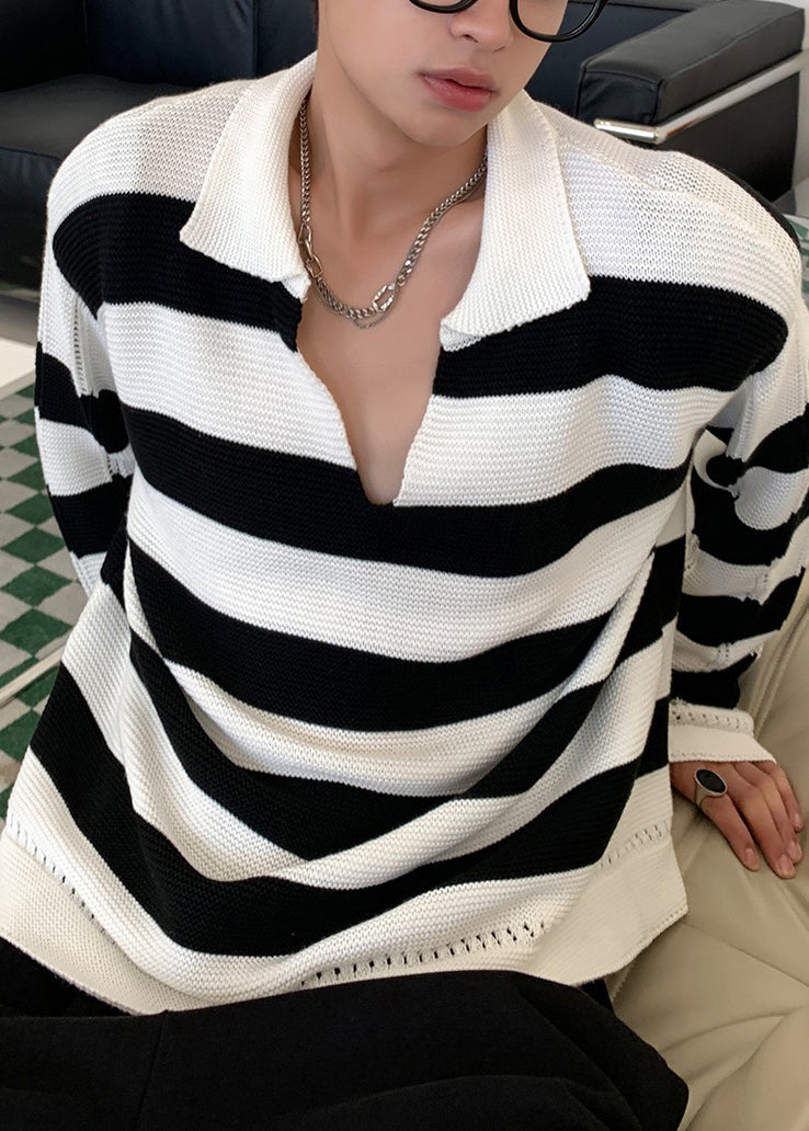 Stylish Striped Peter Pan Collar Hollow Out Knit Sweaters Fall Qf036