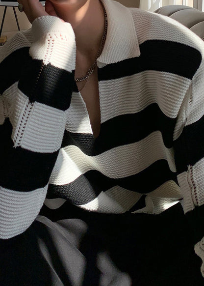 Stylish Striped Peter Pan Collar Hollow Out Knit Sweaters Fall Qf036