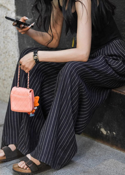 Stylish Striped Pockets High Waist Cotton Wide Leg Pants Summer Pp021