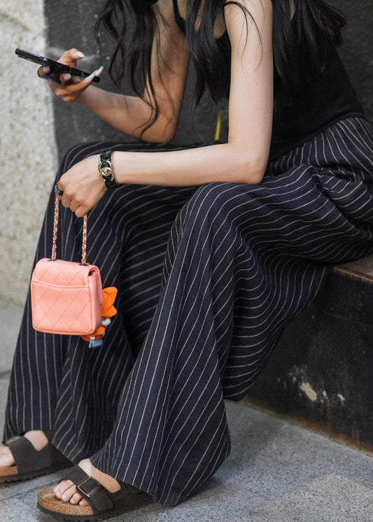Stylish Striped Pockets High Waist Cotton Wide Leg Pants Summer Pp021