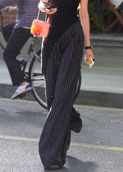 Stylish Striped Pockets High Waist Cotton Wide Leg Pants Summer Pp021