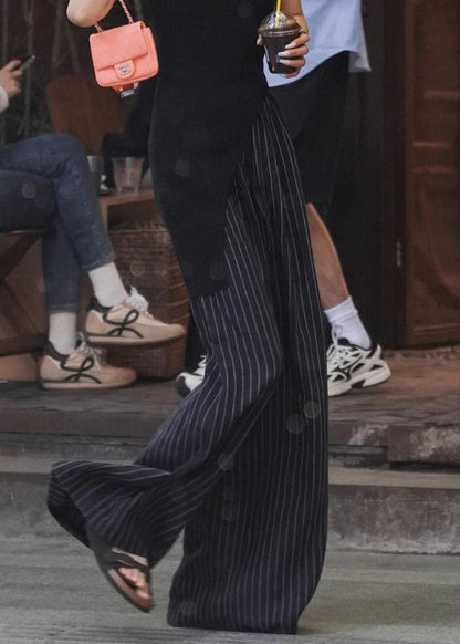 Stylish Striped Pockets High Waist Cotton Wide Leg Pants Summer Pp021