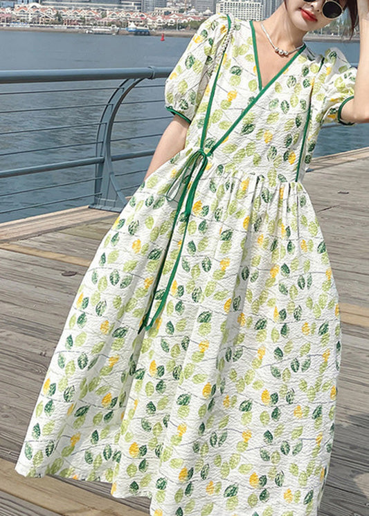 Stylish V Neck Print Wrinkled Patchwork Long Dresses Short Sleeve Ly1724