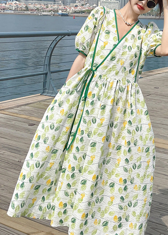 Stylish V Neck Print Wrinkled Patchwork Long Dresses Short Sleeve Ly1724