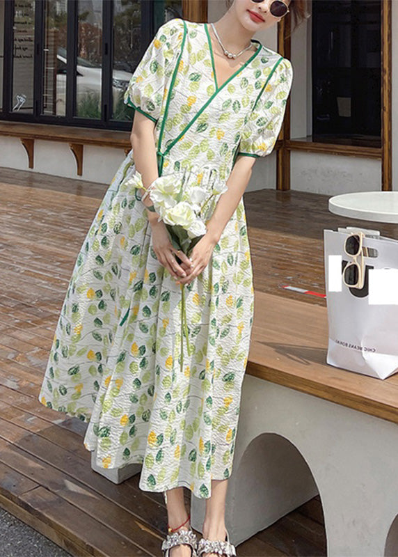 Stylish V Neck Print Wrinkled Patchwork Long Dresses Short Sleeve Ly1724