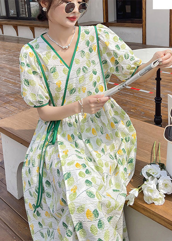 Stylish V Neck Print Wrinkled Patchwork Long Dresses Short Sleeve Ly1724