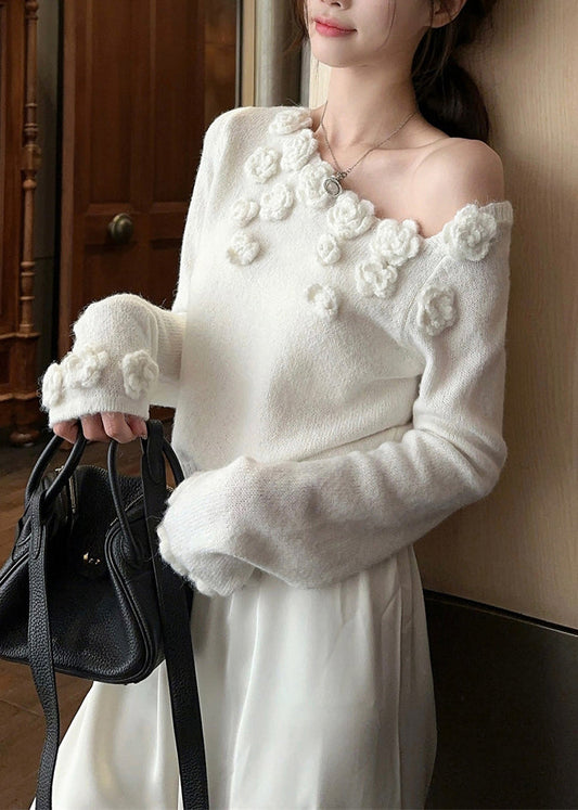 Stylish White Cold Shoulder Knit Sweater Winter Wk036