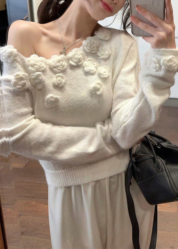 Stylish White Cold Shoulder Knit Sweater Winter Wk036