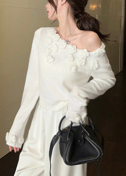 Stylish White Cold Shoulder Knit Sweater Winter Wk036