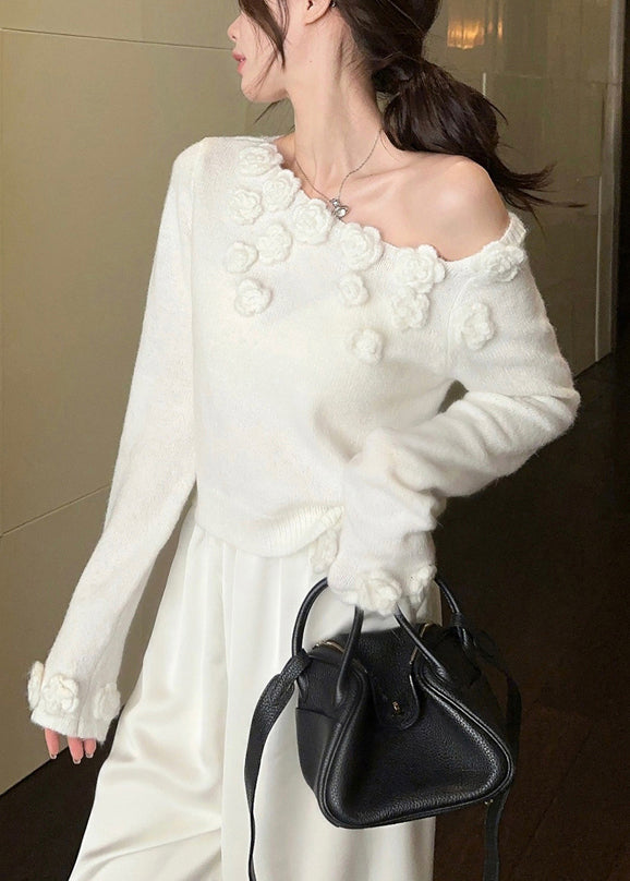 Stylish White Cold Shoulder Knit Sweater Winter Wk036