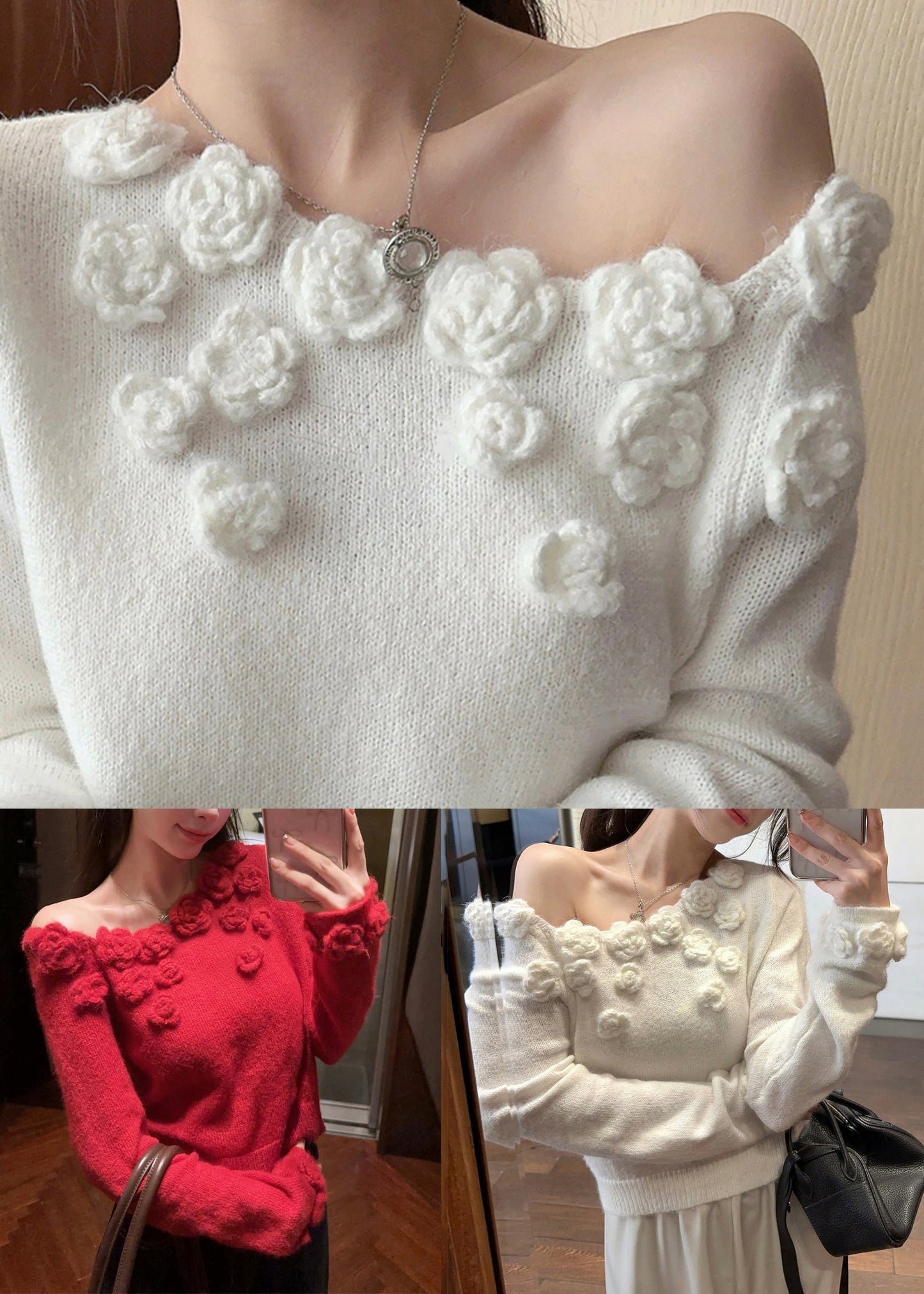 Stylish White Cold Shoulder Knit Sweater Winter Wk036