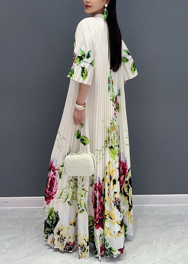 Stylish White Stand Collar Print Maxi Dresses Half Sleeve Ao1022
