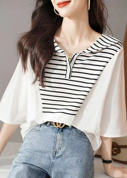 Stylish White Striped Sailor Collar Cotton Blouse Tops Summer Bv014