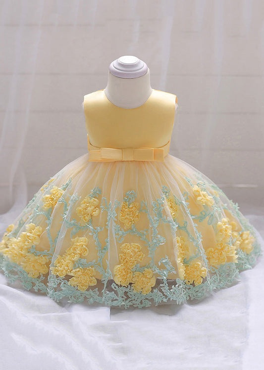 Stylish Yellow O-neck Embroideried Tulle Long Dresses Summer Ys031