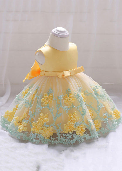 Stylish Yellow O-neck Embroideried Tulle Long Dresses Summer Ys031