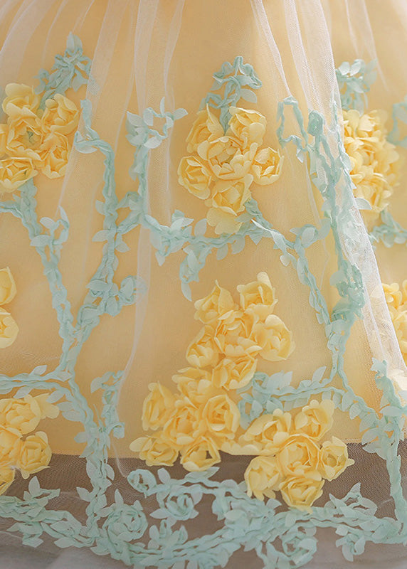 Stylish Yellow O-neck Embroideried Tulle Long Dresses Summer Ys031
