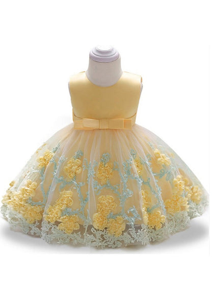 Stylish Yellow O-neck Embroideried Tulle Long Dresses Summer Ys031