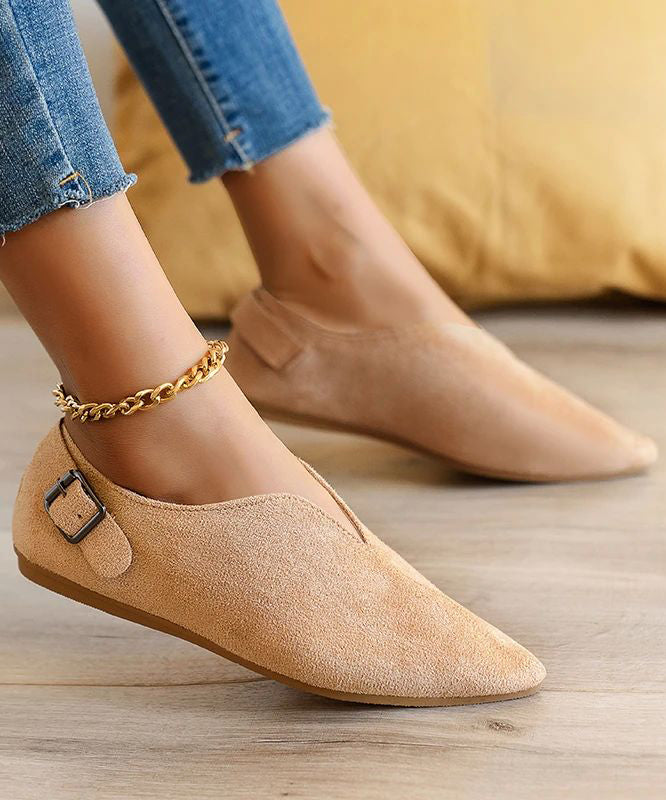 Suede Khaki Splicing Flat Shoes for Pointed Toe Ap1033
