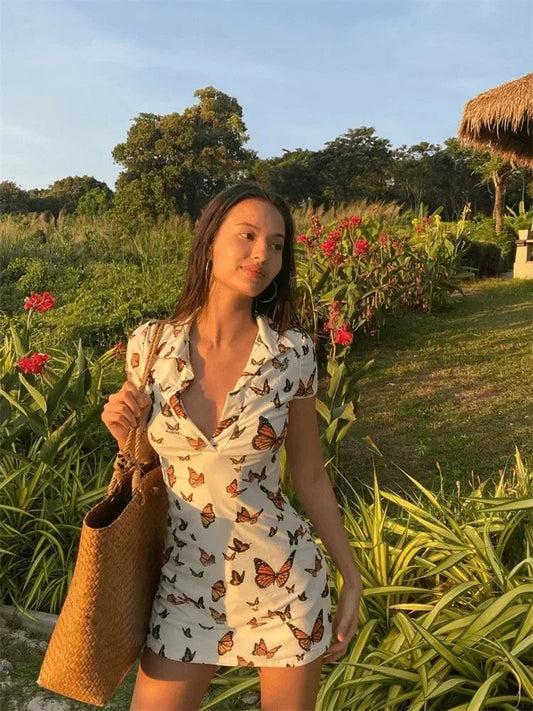 V-neck Stitched Print Mini Dress