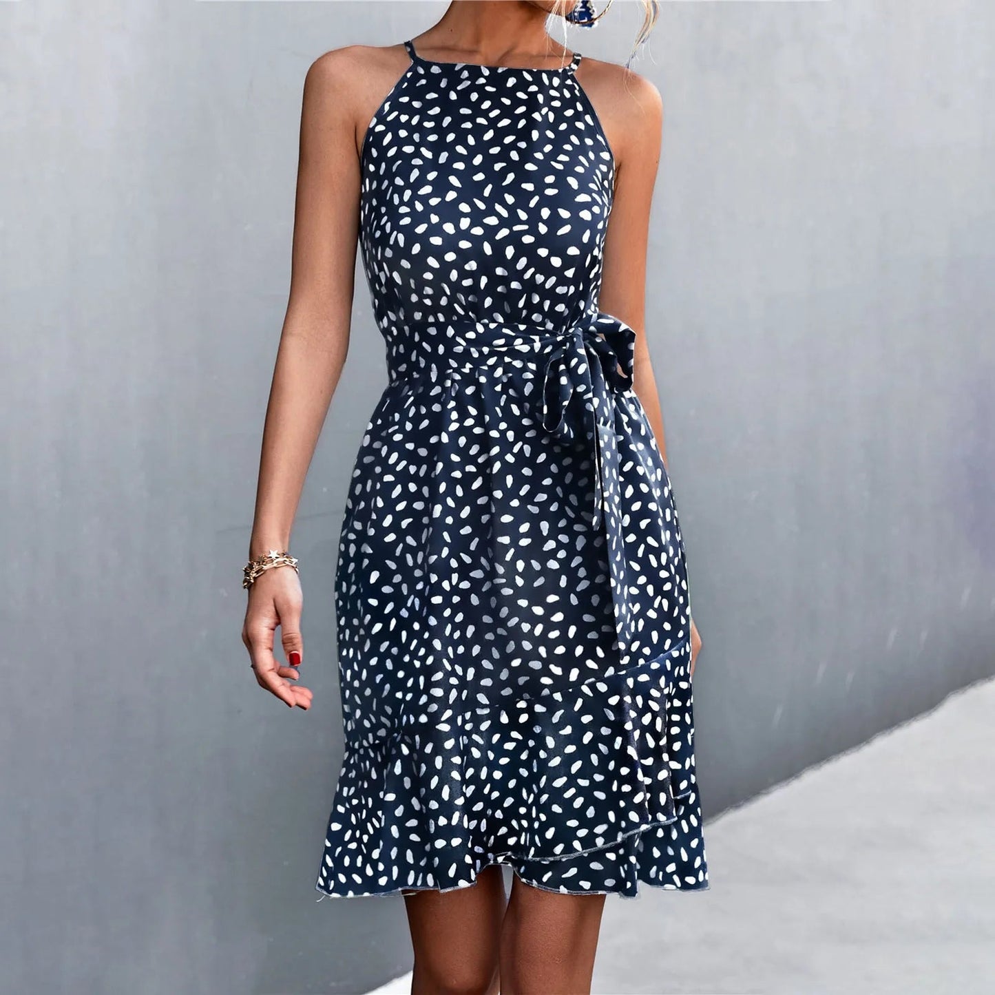 Print Sling Lace Up Belted Midi Dress
