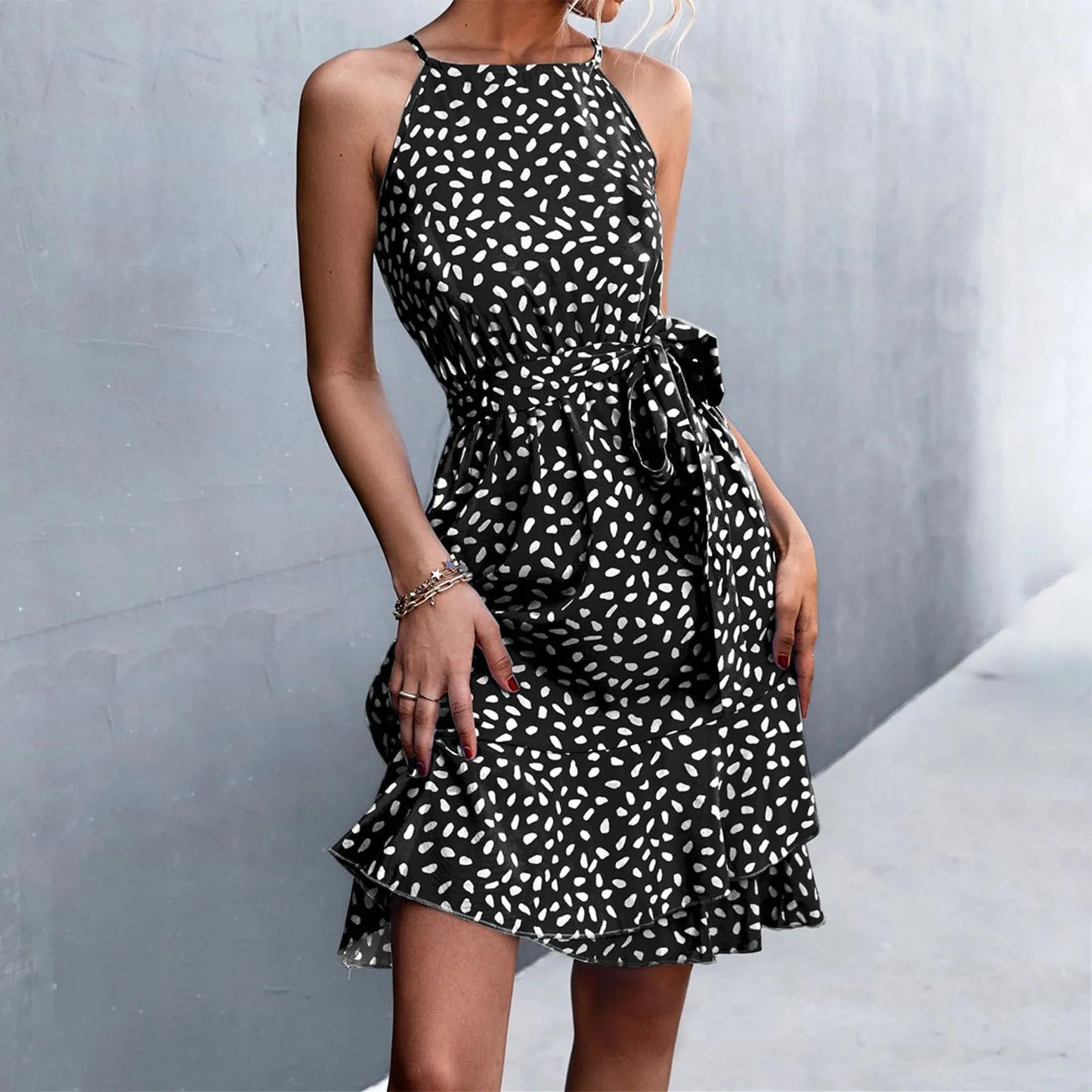 Print Sling Lace Up Belted Midi Dress