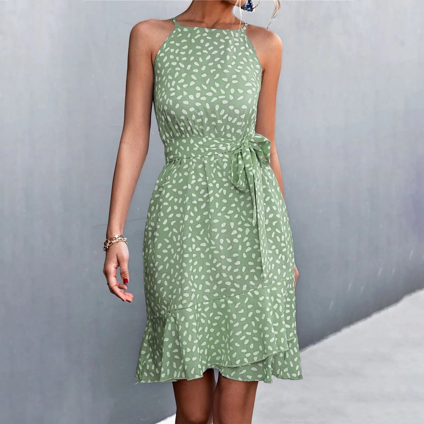 Print Sling Lace Up Belted Midi Dress