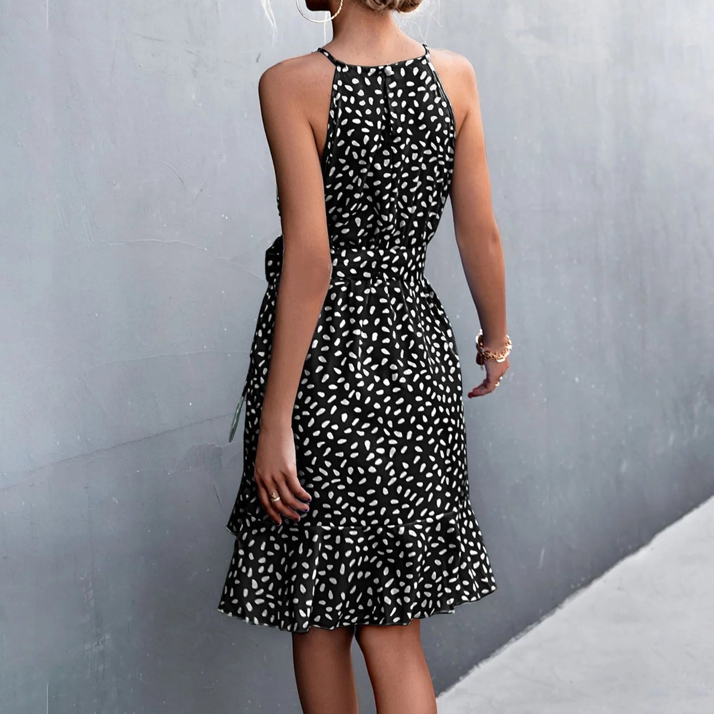 Print Sling Lace Up Belted Midi Dress