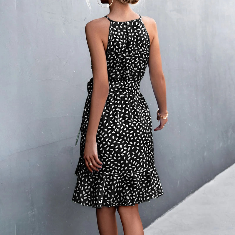 Print Sling Lace Up Belted Midi Dress