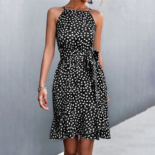 Print Sling Lace Up Belted Midi Dress