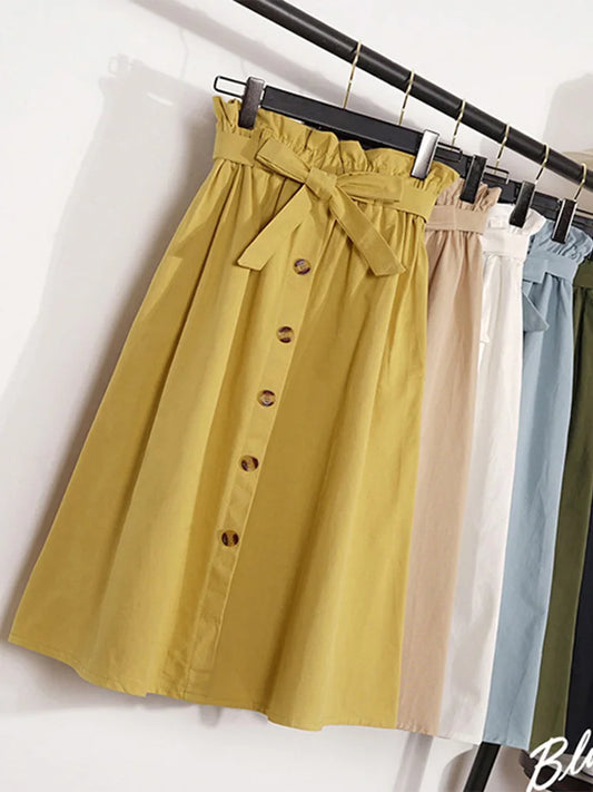 Summer Autumn Skirts Midi Knee Length Korean Button High Waist Skirt Female Pleated School Skirt