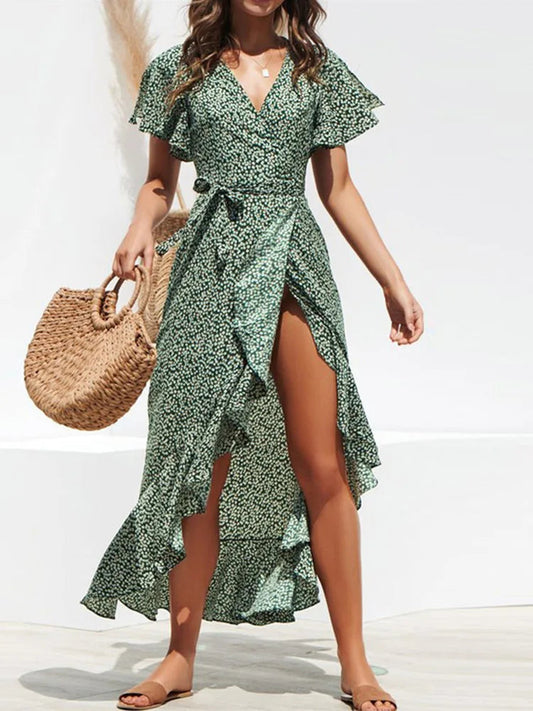 Summer Beach Chiffon Ruffles Wrap V-neck Split Robe Femme Midi Dresses