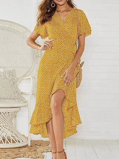 Summer Beach Maxi Dress Print Long Chiffon Dress Ruffles Wrap V-neck Split Party Dress Robe Femme