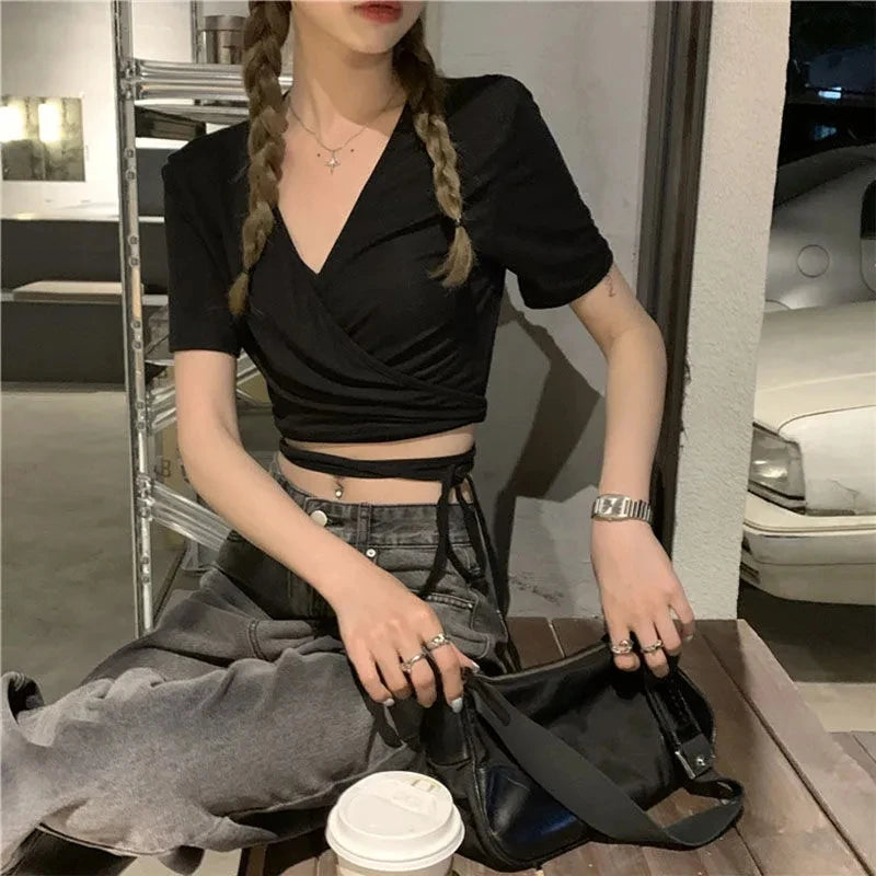 Summer Tee Tops T Shirts V-neck Cropped Top Cross Tie-up Harajuku Basic Korean Street T-shirts Mujer Y2k
