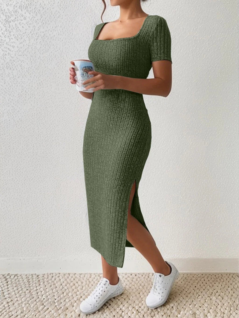 Summer Square Hip-covering Mid-length Short-sleeved Knitted Midi Dresses