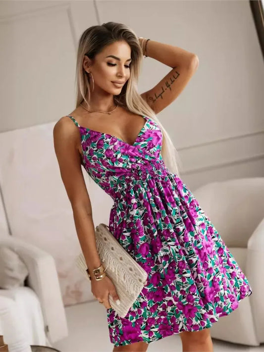 Summer Print Spaghetti Strap Dresses V-neck Vacation Style Midi Dress Temperament Vestidos