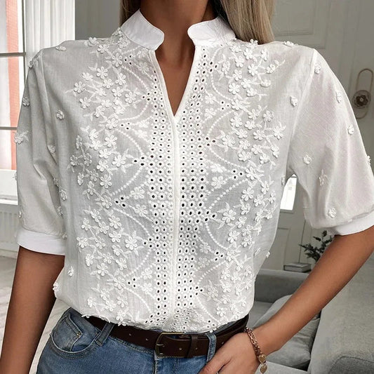 Embroidery Hollow Out V Neck Blouse