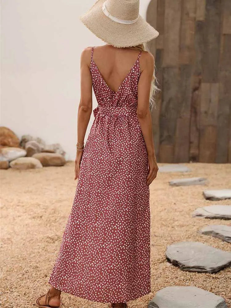Summer Backless Bandage Slit Beach Sunes Black Sleeveless Midi Dresses