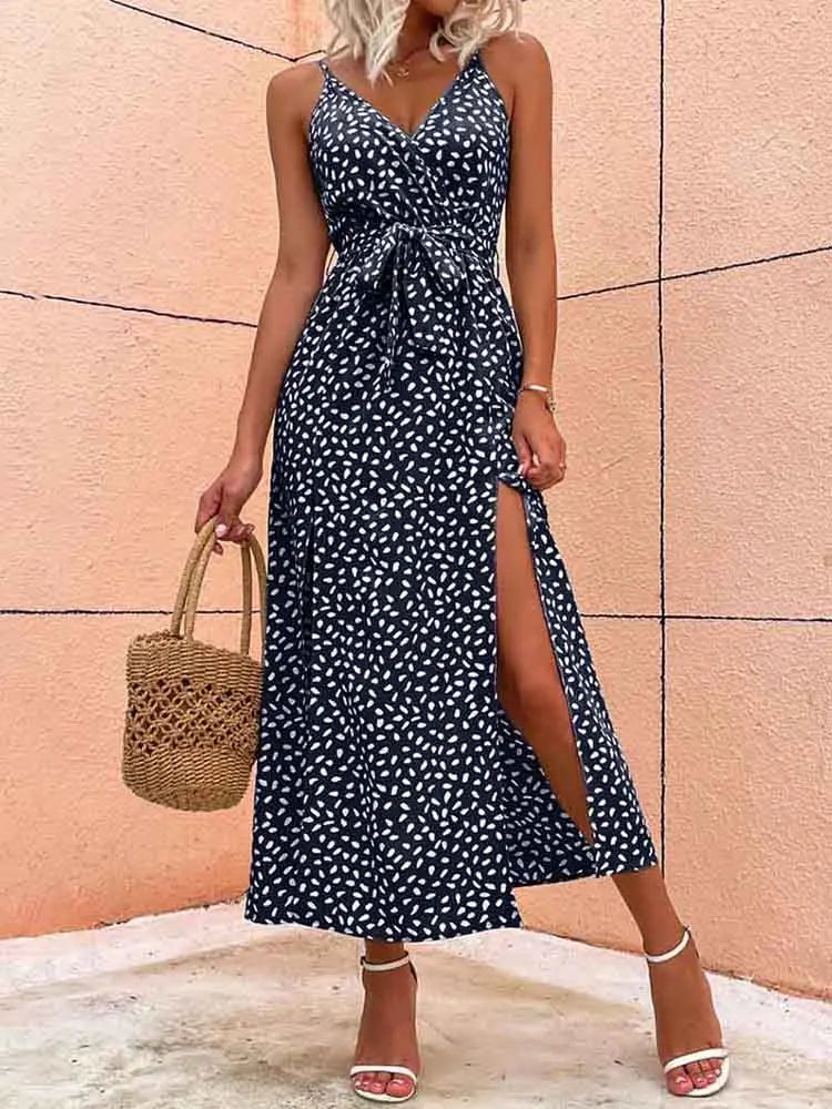 Summer Backless Bandage Slit Beach Sunes Black Sleeveless Midi Dresses