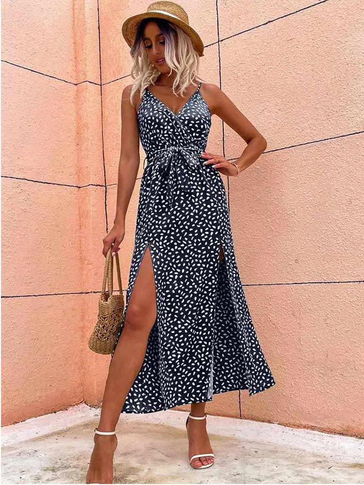 Summer Backless Bandage Slit Beach Sunes Black Sleeveless Midi Dresses